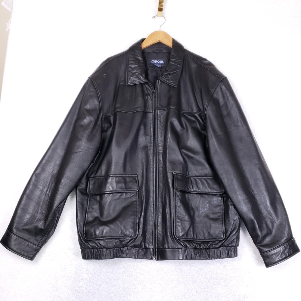 Cherokee Leather Jacket Mens XL Bomber Field Coat Black Gorpcore Streetwear